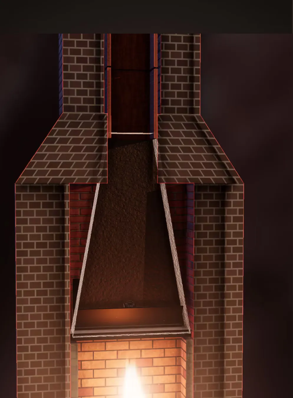 An illustration of the smoke chamber above a fireplace opening, where creosote collects